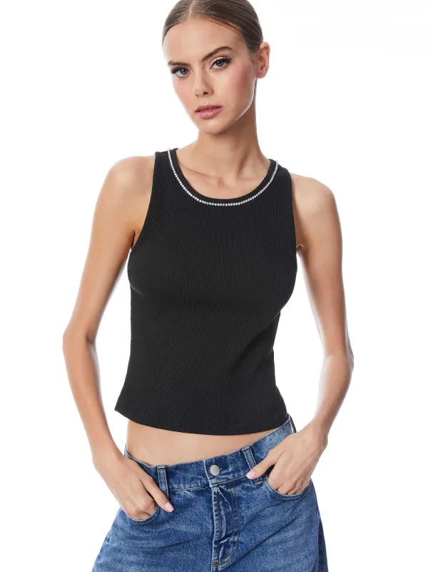 Alice and Olivia Allen Embellished Neck Ribbed Tank-Women Tops