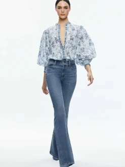 Alice and Olivia April Pleated Blouson Sleeve Top-Women Tops