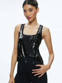 Alice and Olivia Avril Sequin Boxy Tank-Women Tops