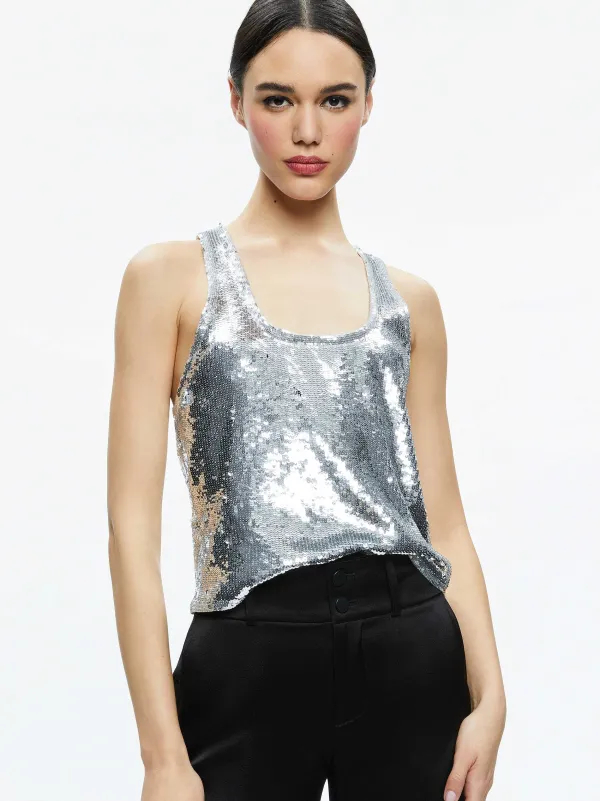 Alice and Olivia Avril Sequin Boxy Tank-Women Tops