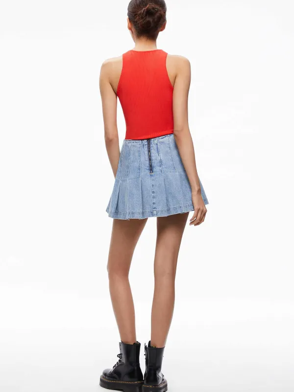 Alice and Olivia Carter Pleated Denim Mini Skirt-Women Skirts