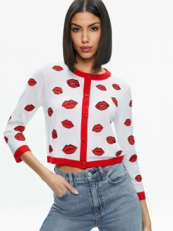Alice and Olivia Daroda Kiss Crewneck Cropped Cardigan-Women Sweaters