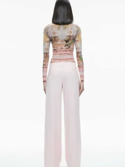 Alice and Olivia Delaina Printed Mesh Long Sleeve Crop Top-Women Tops