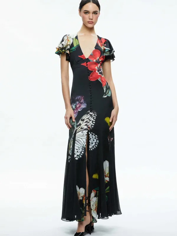 Alice and Olivia Fara Deep V-Neck Flutter Sleeve Maxi Dress-Women Dresses