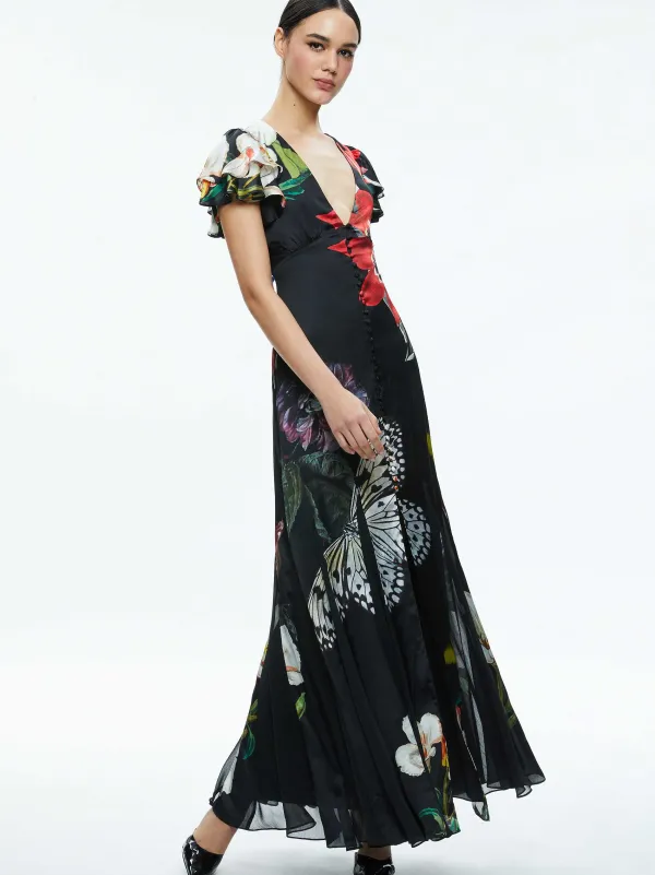 Alice and Olivia Fara Deep V-Neck Flutter Sleeve Maxi Dress-Women Dresses