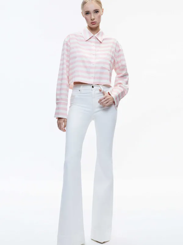 Alice and Olivia Finely Cropped Oversized Button Down Shirt-Women Tops