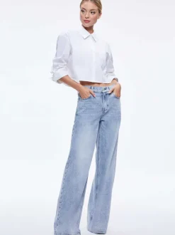 Alice and Olivia Finely Cropped Oversized Button Down Shirt-Women Tops