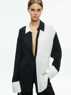 Alice and Olivia Finely Oversized Button Down Shirt-Women Tops