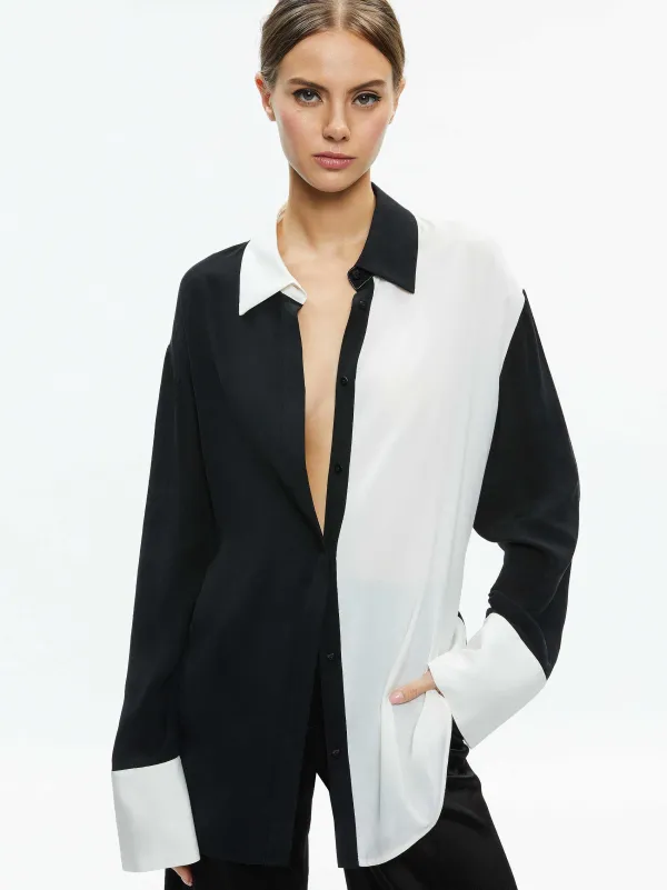 Alice and Olivia Finely Oversized Button Down Shirt-Women Tops