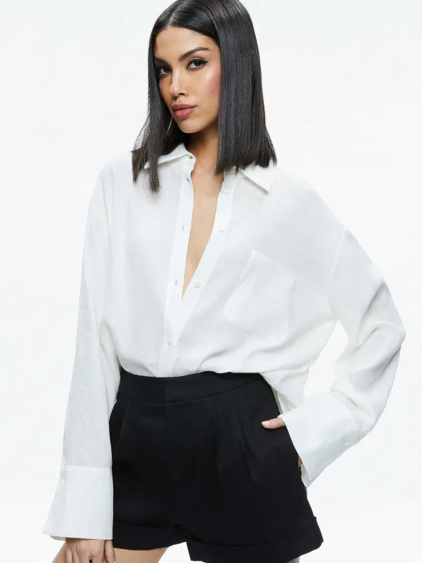 Alice and Olivia Finely Oversized Button Down Shirt-Women Tops
