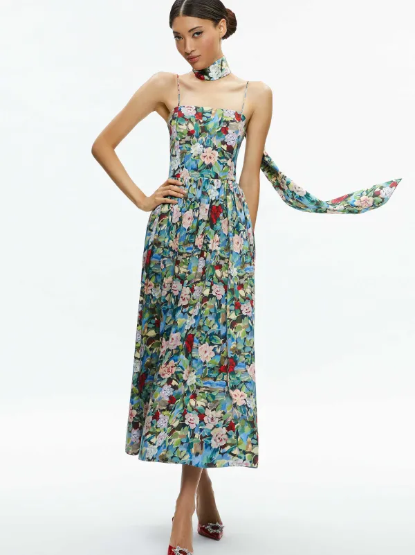 Alice and Olivia Glynis Spaghetti Strap Scarf Midi Dress-Women Dresses
