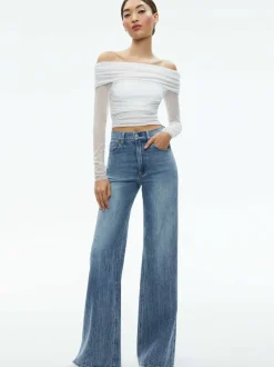 Alice and Olivia Isadola Over The Shoulder Ruched Long Sleeve Top-Women Tops