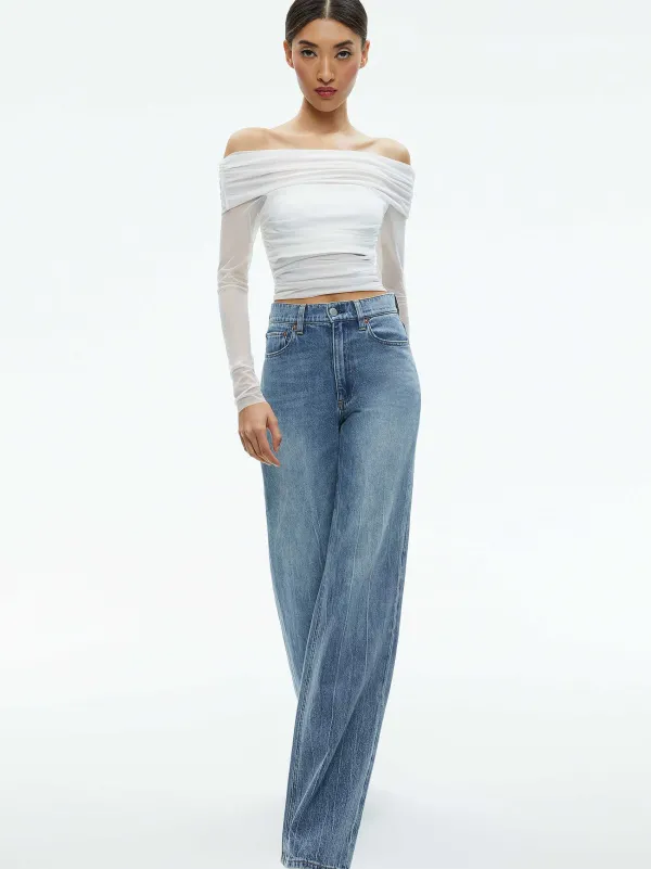Alice and Olivia Isadola Over The Shoulder Ruched Long Sleeve Top-Women Tops