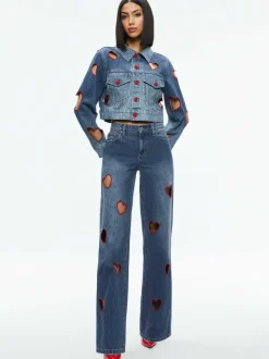 Alice and Olivia Jeff Heart Embroidered Cropped Denim Jacket-Women Jackets + Coats