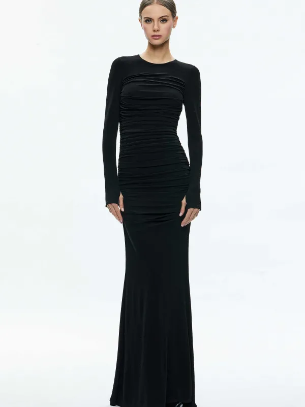 Alice and Olivia Katherina Crew Neck Long Sleeve Ruched Maxi Dress-Women Dresses