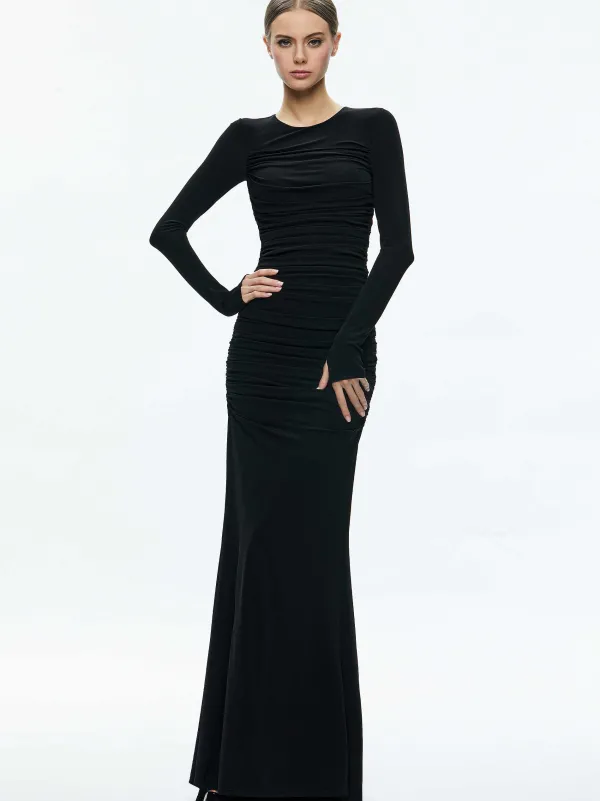 Alice and Olivia Katherina Crew Neck Long Sleeve Ruched Maxi Dress-Women Dresses