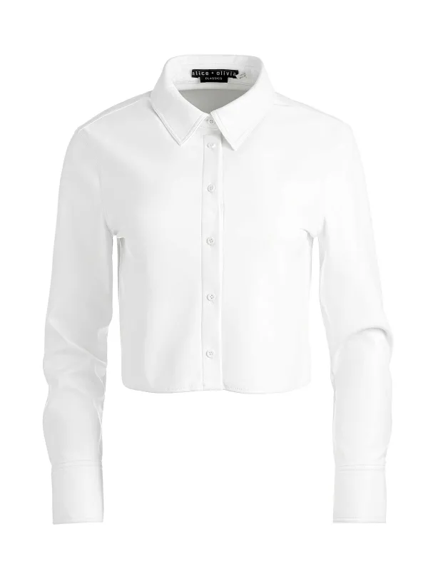 Alice and Olivia Leon Cropped Vegan Leather Button Down-Women Tops