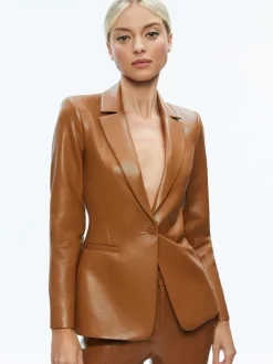 Alice and Olivia Macey Fitted Vegan Leather Blazer + Danette Vegan Leather Split Hem Trousers-Women Matching Sets