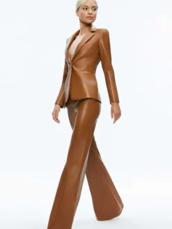 Alice and Olivia Macey Fitted Vegan Leather Blazer + Danette Vegan Leather Split Hem Trousers-Women Matching Sets