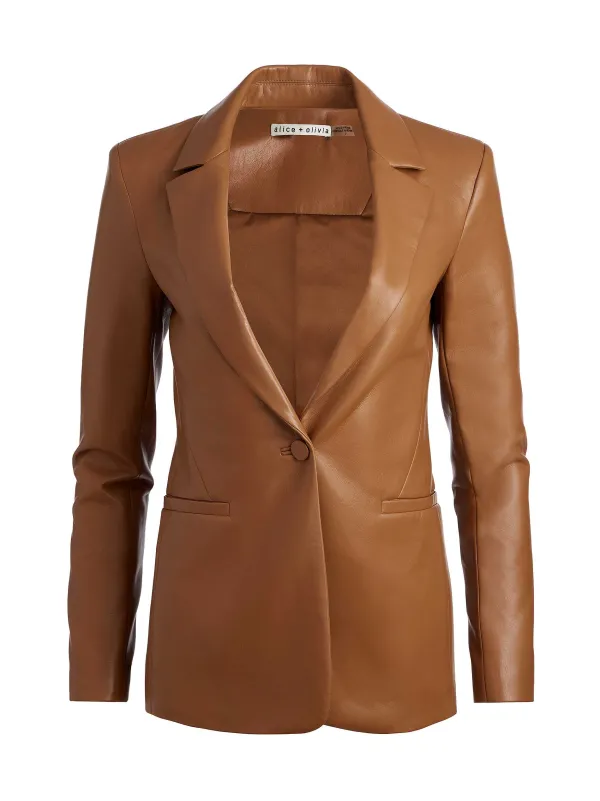 Alice and Olivia Macey Fitted Vegan Leather Blazer-Women Jackets + Coats