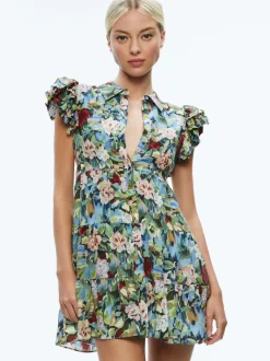 Alice and Olivia Meeko Ruffle Sleeve Shirt Dress-Women Dresses