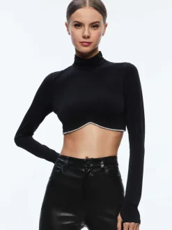 Alice and Olivia Melange Rhinestone Cropped Turtleneck-Women Tops