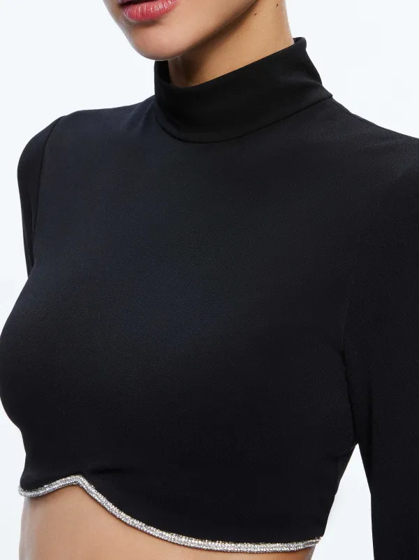 Alice and Olivia Melange Rhinestone Cropped Turtleneck-Women Tops