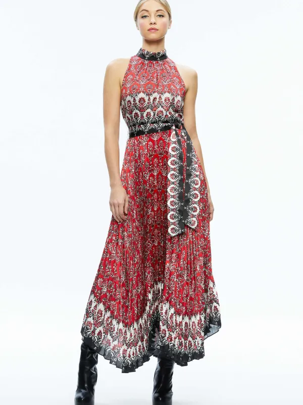 Alice and Olivia Mertie Mock Neck Pleated Maxi Dress-Women Dresses