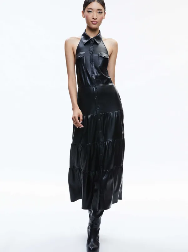 Alice and Olivia Miranda Vegan Halter Neck Tiered Midi Dress-Women Dresses