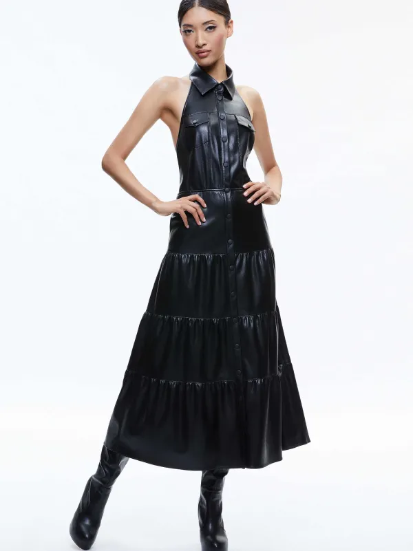 Alice and Olivia Miranda Vegan Halter Neck Tiered Midi Dress-Women Dresses