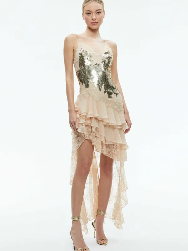 Alice and Olivia Nelia Sequined High Low Ruffled Maxi Dress-Women Dresses