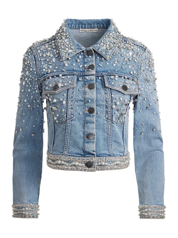 Alice and Olivia Nelson Embellished Fitted Denim Jacket-Women Jackets + Coats