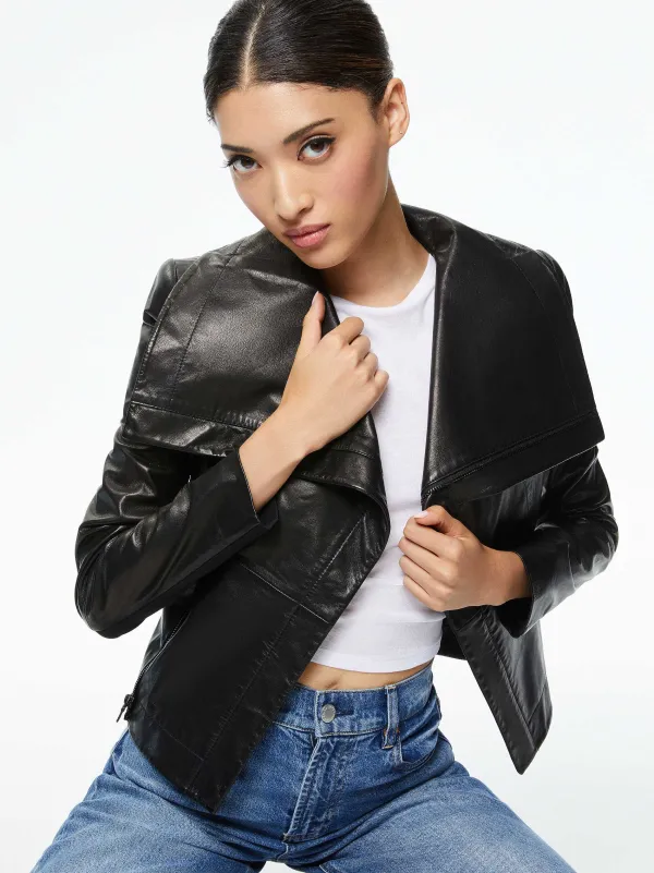 Alice and Olivia Nita Leather Drape Front Jacket-Women Jackets + Coats