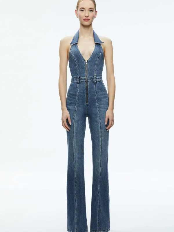 Alice and Olivia Noemi Halter Neck Denim Jumpsuit-Women Jumpsuits