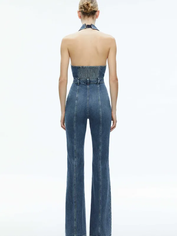 Alice and Olivia Noemi Halter Neck Denim Jumpsuit-Women Jumpsuits