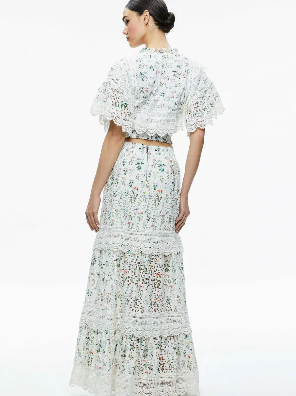 Alice and Olivia Reise Embroidered Tiered Maxi Skirt-Women Skirts