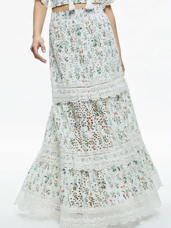 Alice and Olivia Reise Embroidered Tiered Maxi Skirt-Women Skirts