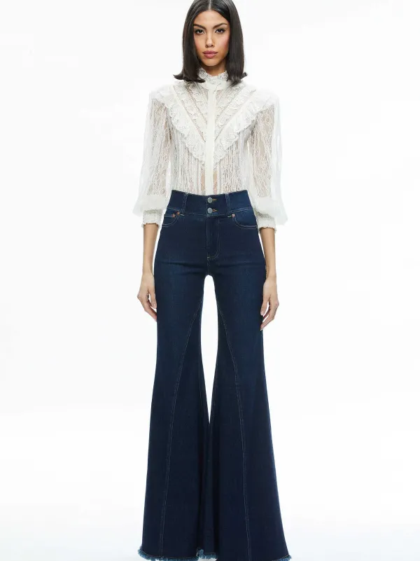 Alice and Olivia Rheba Mock Neck Button Front Lace Top-Women Tops