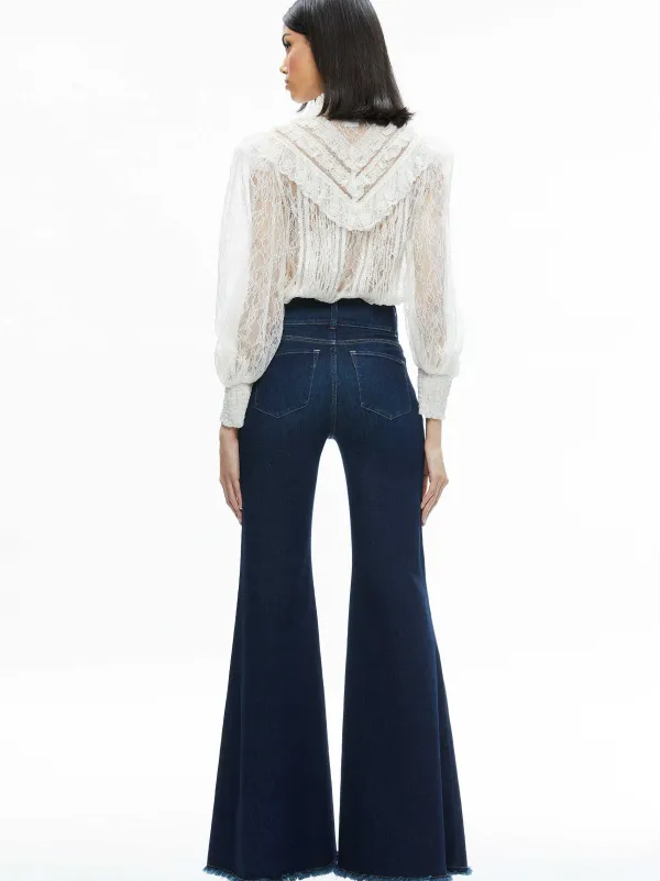 Alice and Olivia Rheba Mock Neck Button Front Lace Top-Women Tops