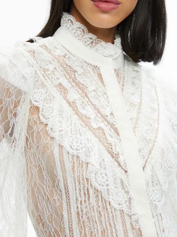 Alice and Olivia Rheba Mock Neck Button Front Lace Top-Women Tops
