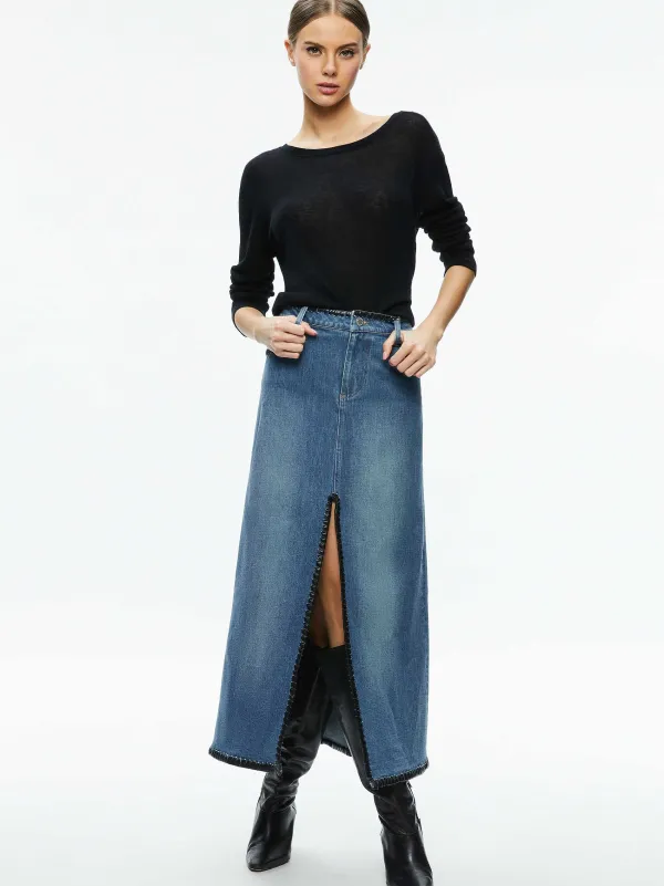 Alice and Olivia Rye Denim Maxi Skirt With Vegan Leather-Women Skirts