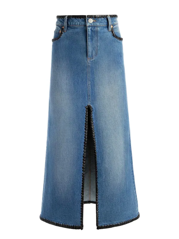 Alice and Olivia Rye Denim Maxi Skirt With Vegan Leather-Women Skirts