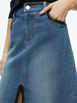 Alice and Olivia Rye Denim Maxi Skirt With Vegan Leather-Women Skirts