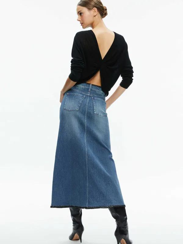 Alice and Olivia Rye Denim Maxi Skirt With Vegan Leather-Women Skirts