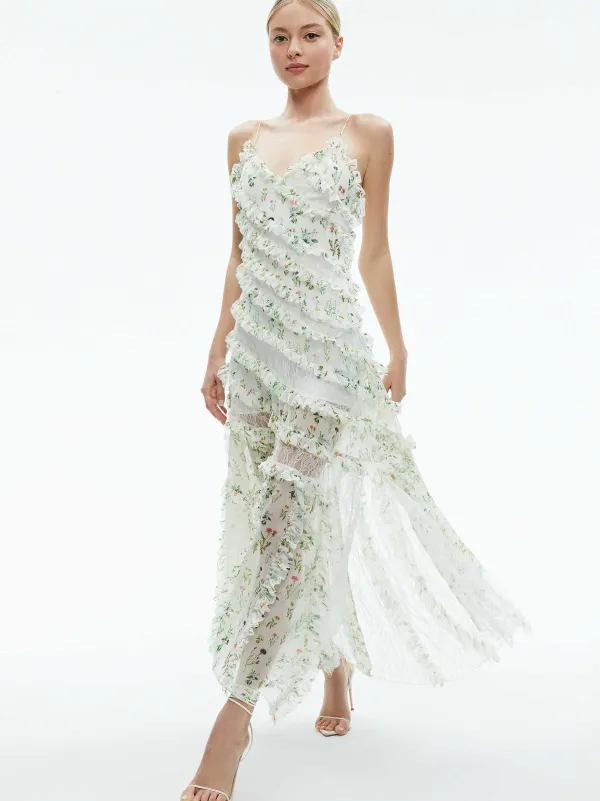 Alice and Olivia Sondra Tie Strap Lace Ruffled Maxi Dress-Women Dresses