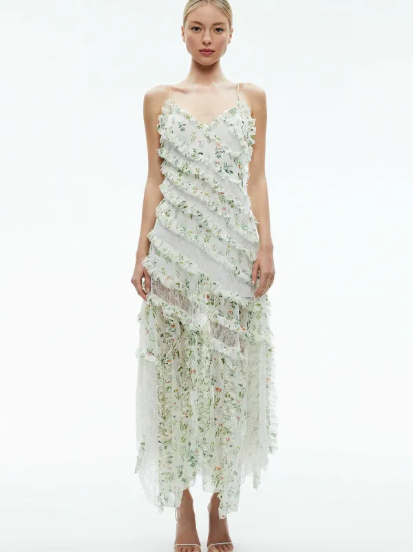 Alice and Olivia Sondra Tie Strap Lace Ruffled Maxi Dress-Women Dresses