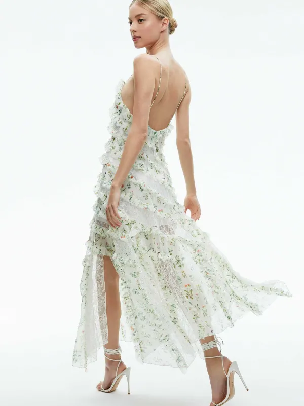 Alice and Olivia Sondra Tie Strap Lace Ruffled Maxi Dress-Women Dresses