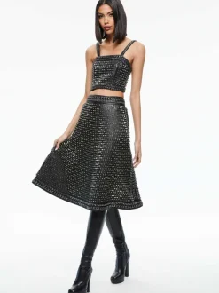 Alice and Olivia Sosie Studded Leather Midi Skirt-Women Skirts