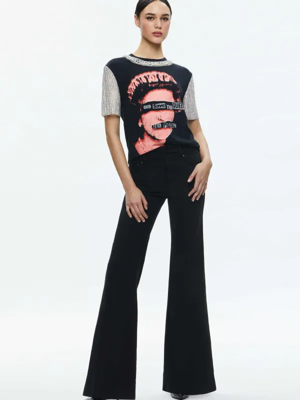 Alice and Olivia Tari Embellished Crystal Sleeve Tee-Women Tops