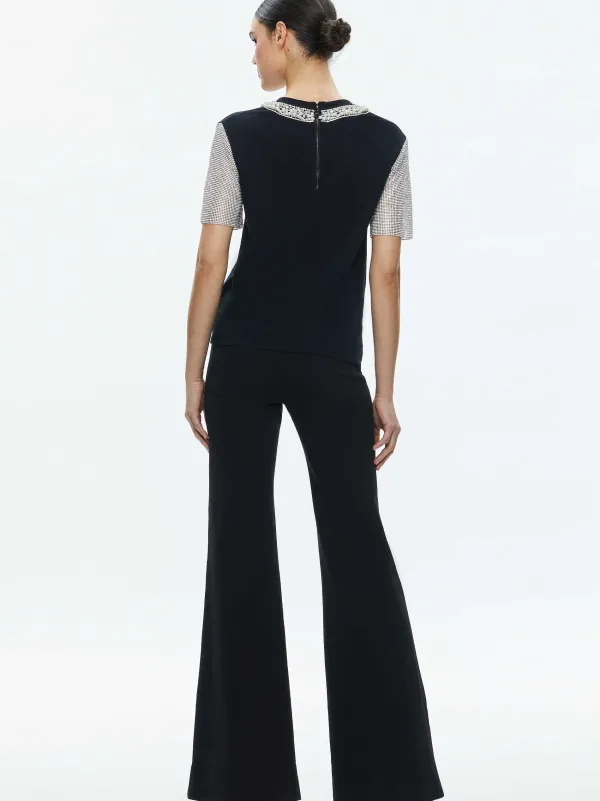 Alice and Olivia Tari Embellished Crystal Sleeve Tee-Women Tops